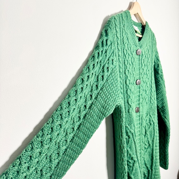 Shannon Woolen Mills Irish Merino Wool Kelly Green Fisherman Cardigan Sz XL - Picture 2 of 7